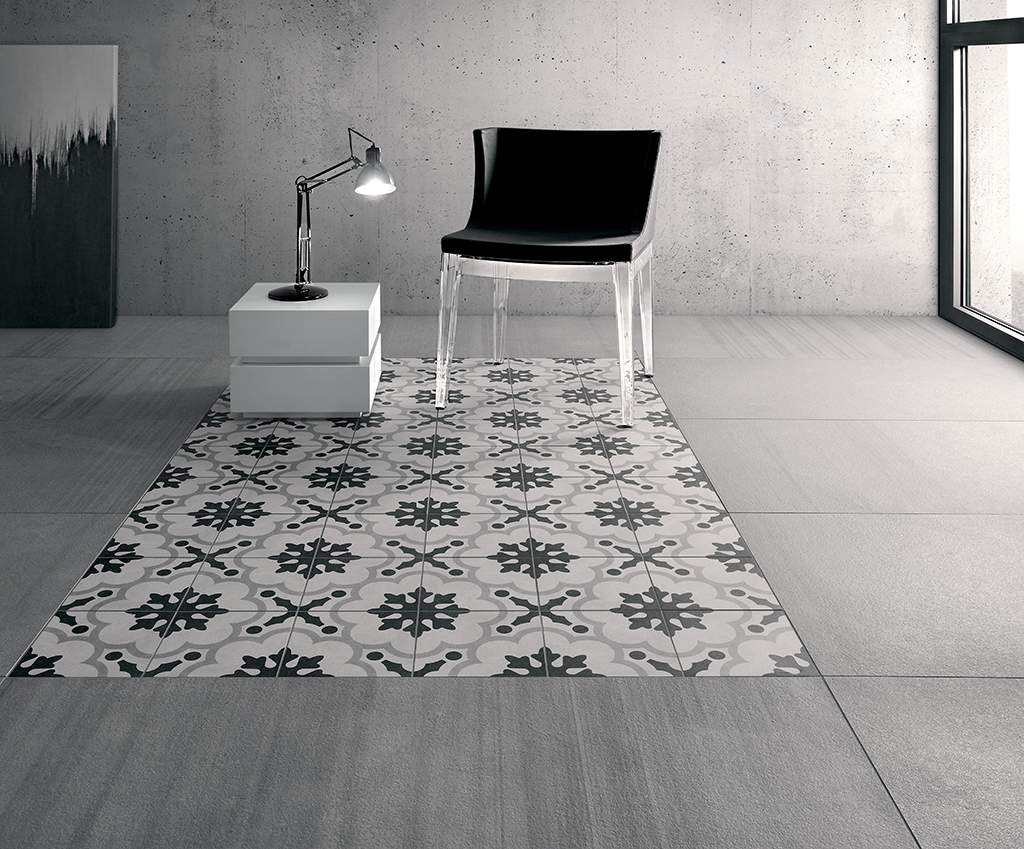 Black and white encaustic-effect porcelain floor, Cementine Black&White collection by Fioranese