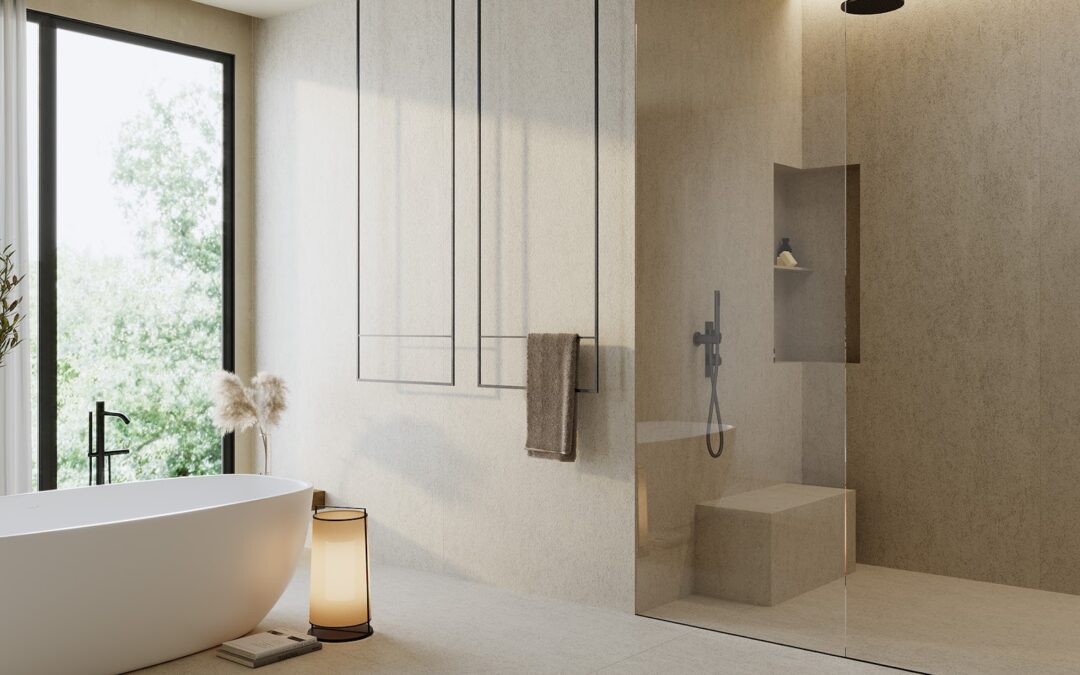 Baño sereno en porcelánico efecto piedra claro con ducha y bañera, sensación de amplitud.