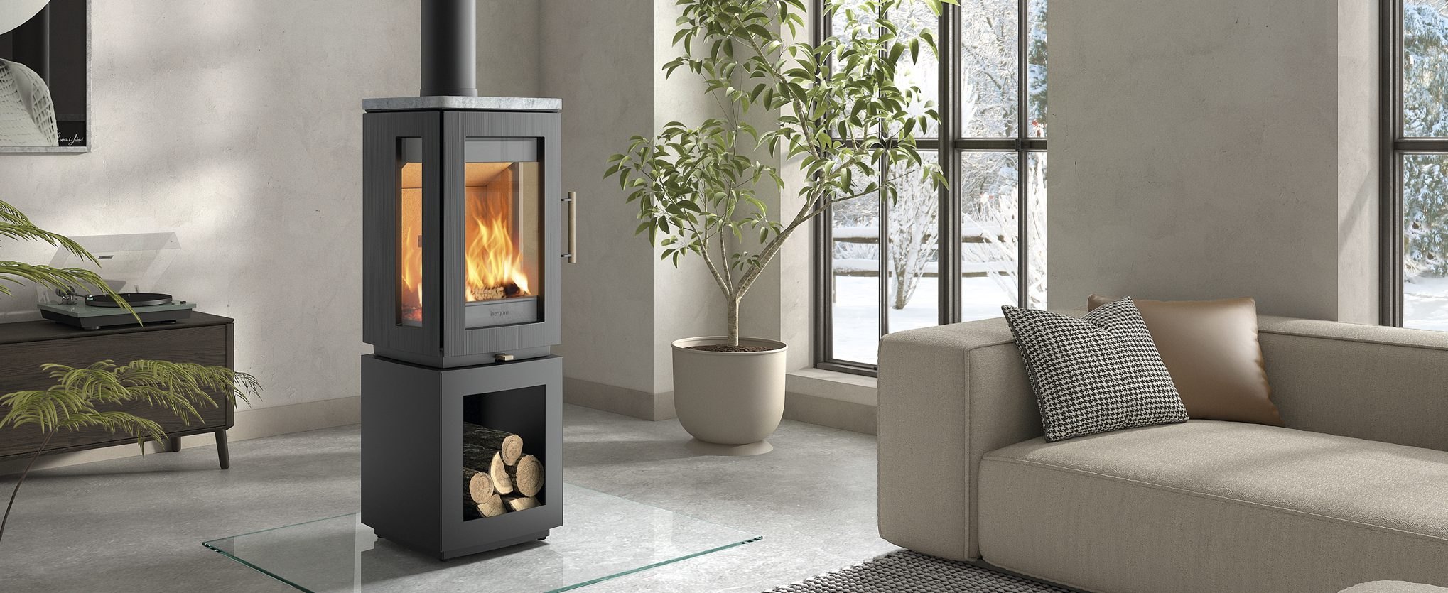 Salón con chimenea encendida