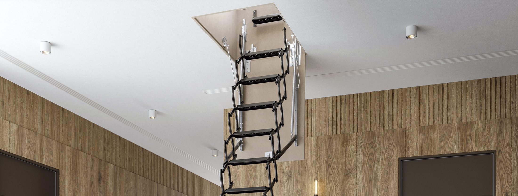 Loft ladder folded down from a hallway ceiling